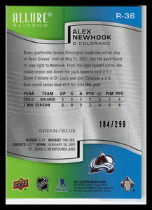 2021-22 Upper Deck Allure Alex Newhook RC #R-36 Green / Blue Rainbow 184/299