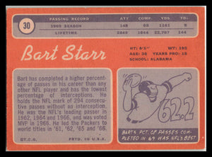 1970 Topps Bart Starr Football #30 Green Bay Packers HOF VG No Creases