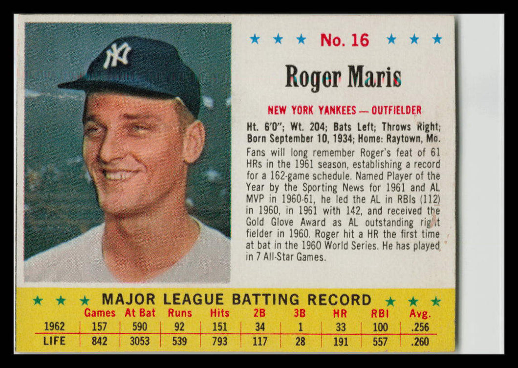 1963 Jello Jell-O New York Yankees Roger Maris Hand Cut #16 VG-EX