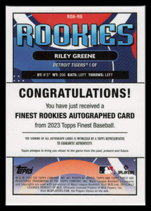 2023 Topps Finest Riley Greene Finest Rookies on Card Auto RDA-RG Tigers