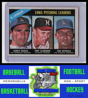 1966 Topps #223 NL 1965 Pitching Leaders (Sandy Koufax / Tony Cloninger / Don Drysdale) LL VG