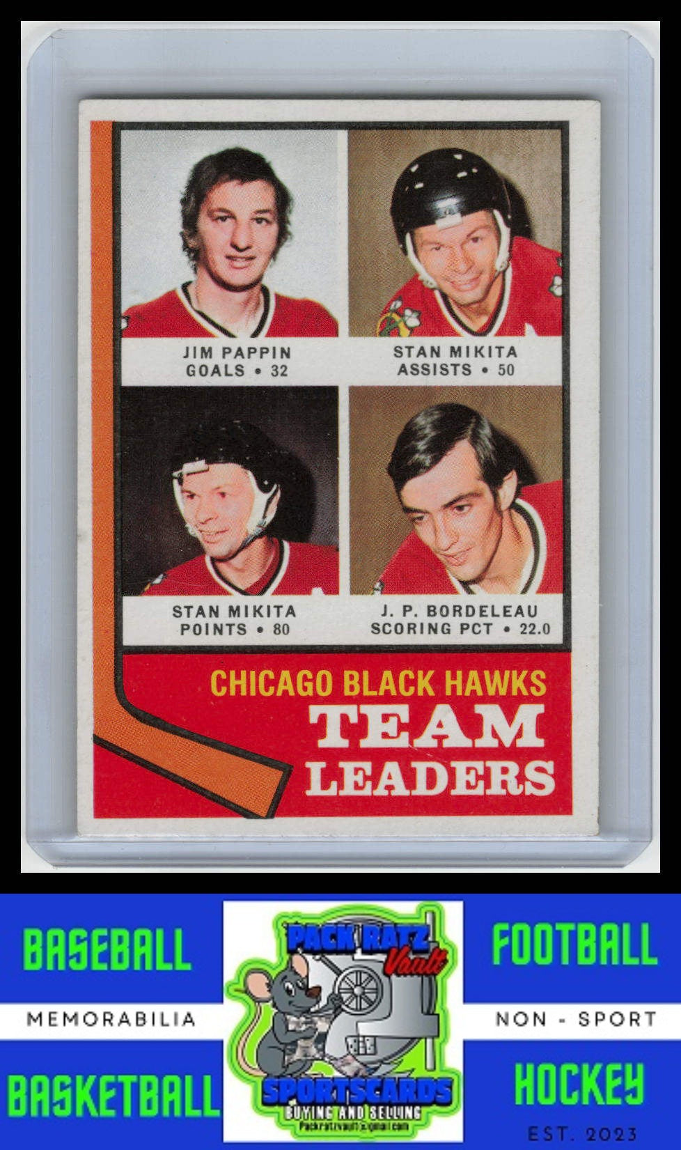 1974 Topps #69 Jim Pappin / Stan Mikita / J.P. Bordeleau TL EX