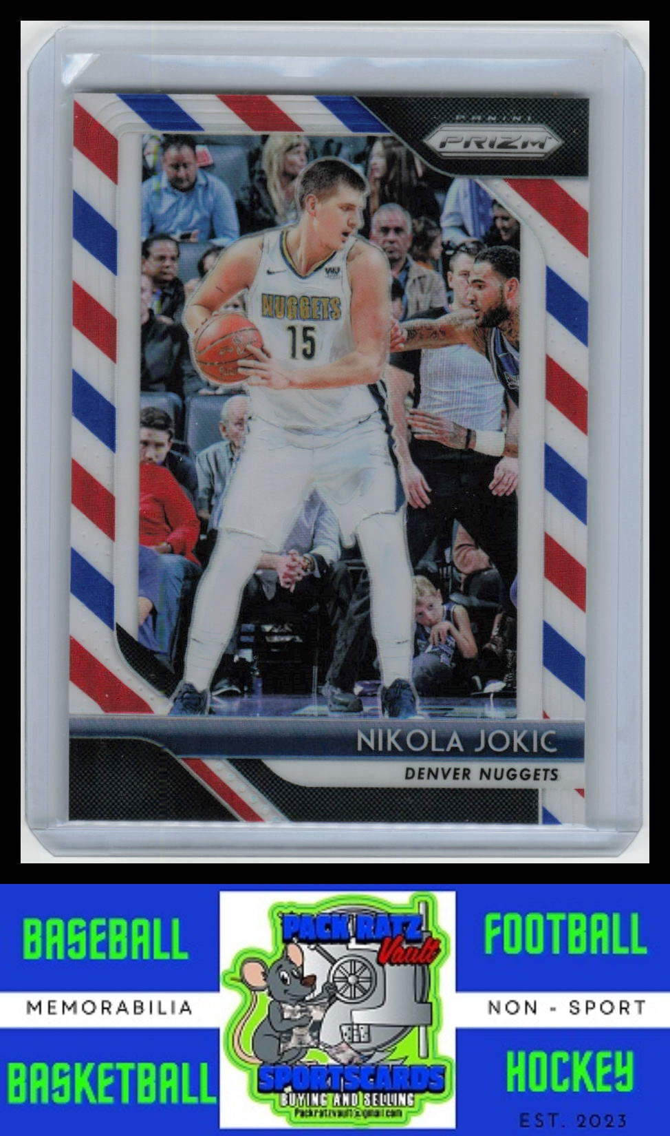 2018 Panini Prizm #92 Nikola Jokic MVP Championship Prizms Red White and Blue EX/NM