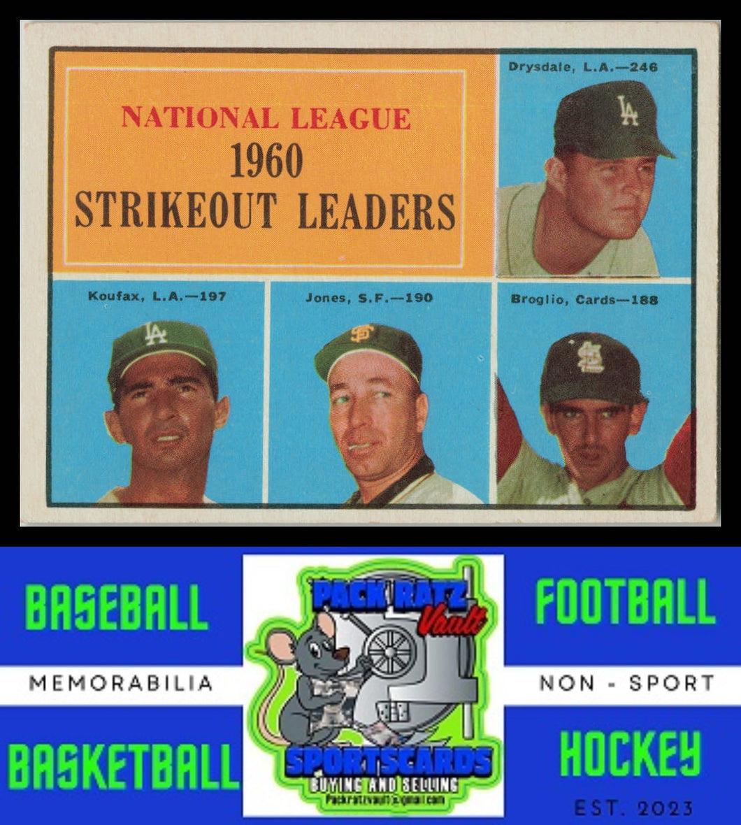 1961 Topps #49 National League 1960 Strikeout Leaders LL EX